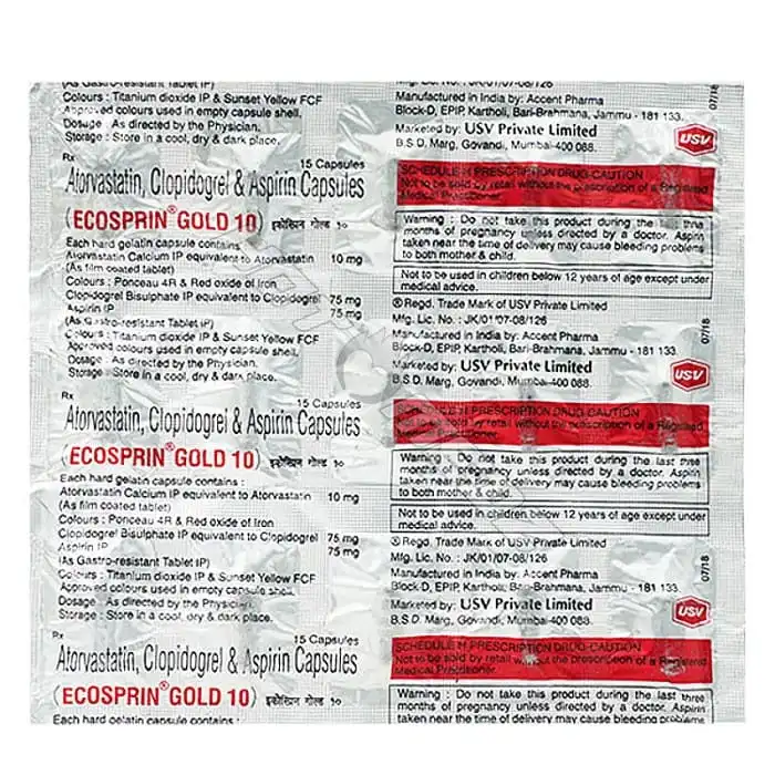 Ecosprin Gold 10 Mg (Atorvastatin/Clopidogrel/Aspirin)